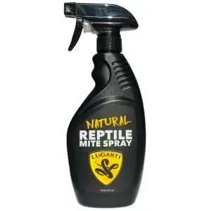 A photo of the Lugarti Natural Reptile Mite Spray bottle on a white background